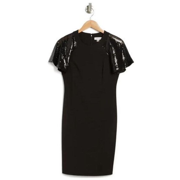 Calvin Klein Womens Black Sequin Short Sleeve Sheath Cocktail Dress Sz 8 New - Picture 3 of 10